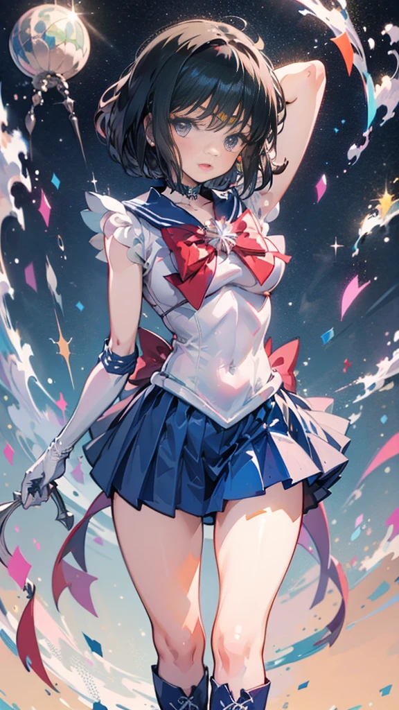 (whole body)，High resolution，Detailed Description，Best Quality(Sailor Warrior Uniform),Sailor Saturn，Black Hair，Cosmos，leotard，High Leg，purple skirt，Knee-high boots，Elbow Handbag，Thick thighs，The skirt is short,スカートの下に白色のleotardが見える，My skirt is blowing in the wind，Unprotected groin，，Embarrassed expression，Open your mouth，