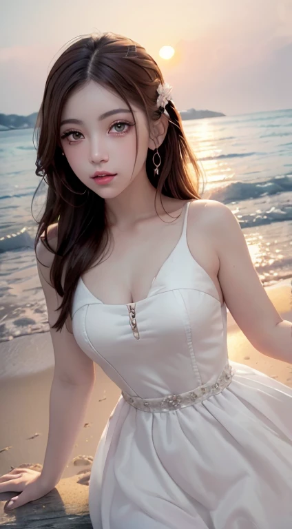 Mustepiece, top quality, illustration, ultra-definition, fine details, high resolution, 8K wallpaper, perfect dynamic composition, beautiful detailed eyes, wearing a dress, natural color lips, beach, random cute pose, perfect and beautiful face , cute, sexy face, sunset, feminine face