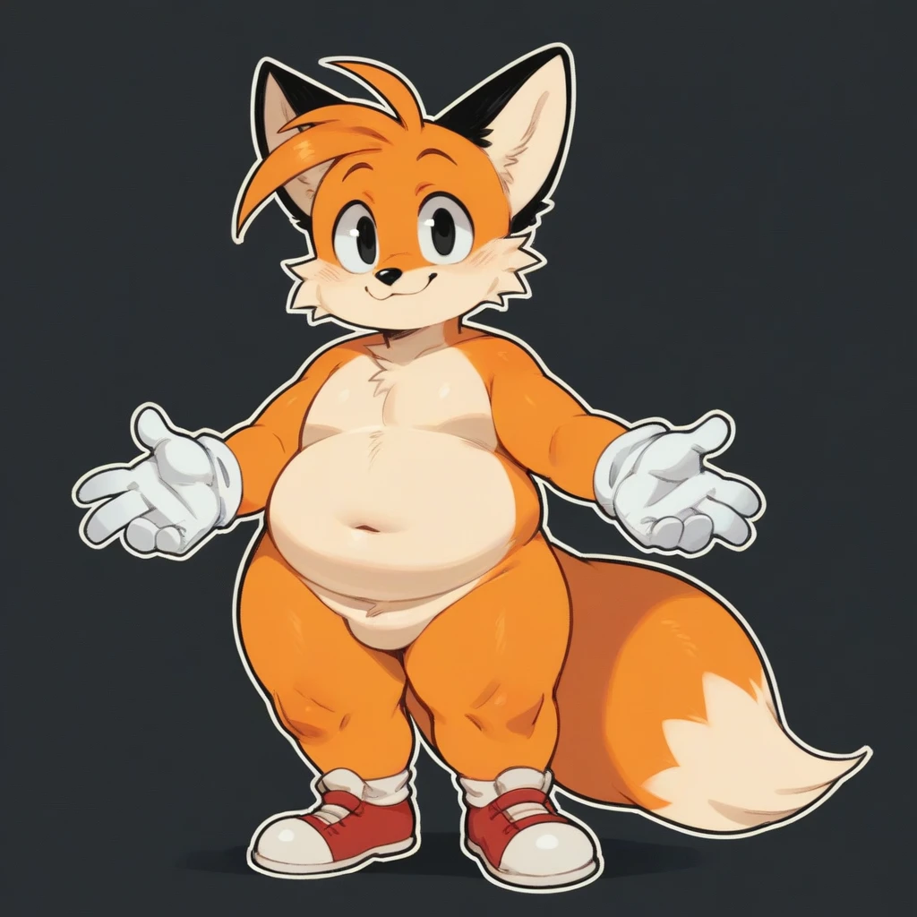 chubby, gluttonous orange fox, chubby classic Tails Miles Prowers, solo, looking at viewer, smile, cute, black eyes, simple background, thick thighs, 1boy, standing, full body, two tails, white gloves, red shoes, male focus, black background, outline, furry male, fox boy, white background