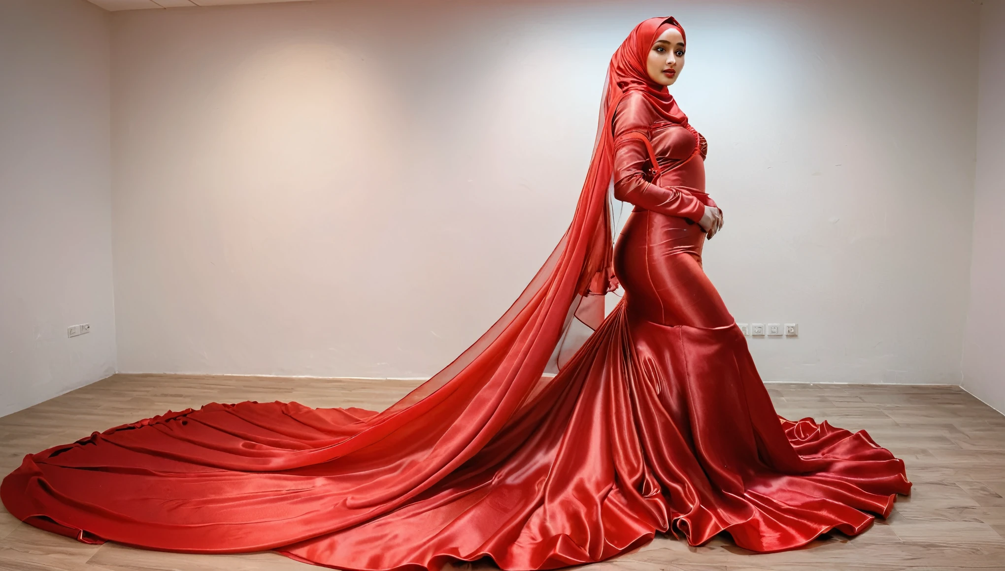 woman shrouded in a 10-meter-long, plush red semi transparent satin shimmer cloth,tightly bound and grandly draping along the form of her body, flowing off into a pooled floor-length train, styled in a mermaid-inspired outfit, her head modestly veiled in a satin shimmer hijab,walk in office, a full-body pose conveying a sense of mysterious elegance, captured in a 4k resolution, ultra-realistic