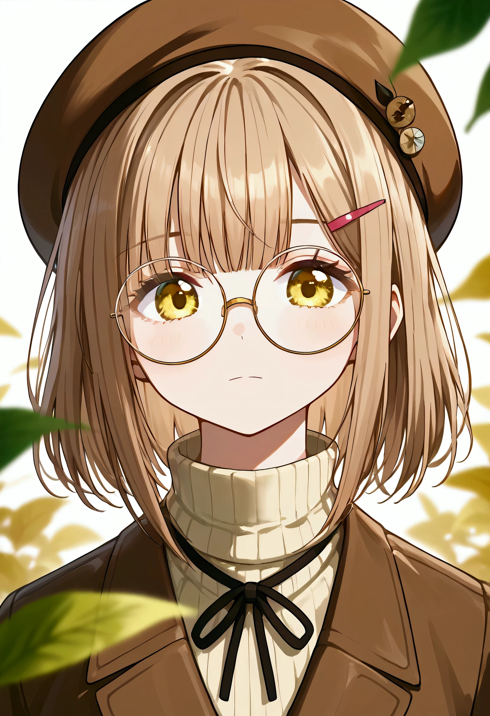 nai3, close up, masterpiece, best quality, bokeh, cute, 1girl, solo, beret, hair clip, beige hair, round eyewear, brown jacket, turtleneck sweater, upper body, looking at viewer, yellow eyes, closed mouth, leaf, white background, plant