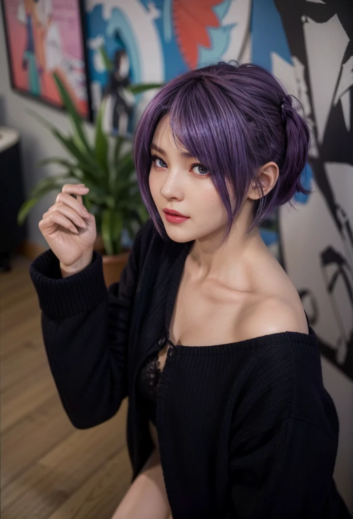 Ayane, purple hair, (best quality, ultra-detailed), (realistic:1.37), beautiful and detailed face, ultra-realistic texture, delicate face, delicate body, red lipstick, bright colors. high definition, 8K, well defined legs