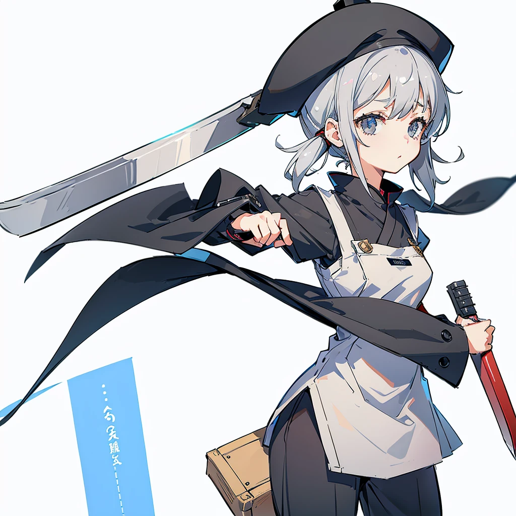 One girl, Gray Hair, Small breasts, Simple Background, Portrait Twin Blade, A big, baggy black newsboy hat、and-47,