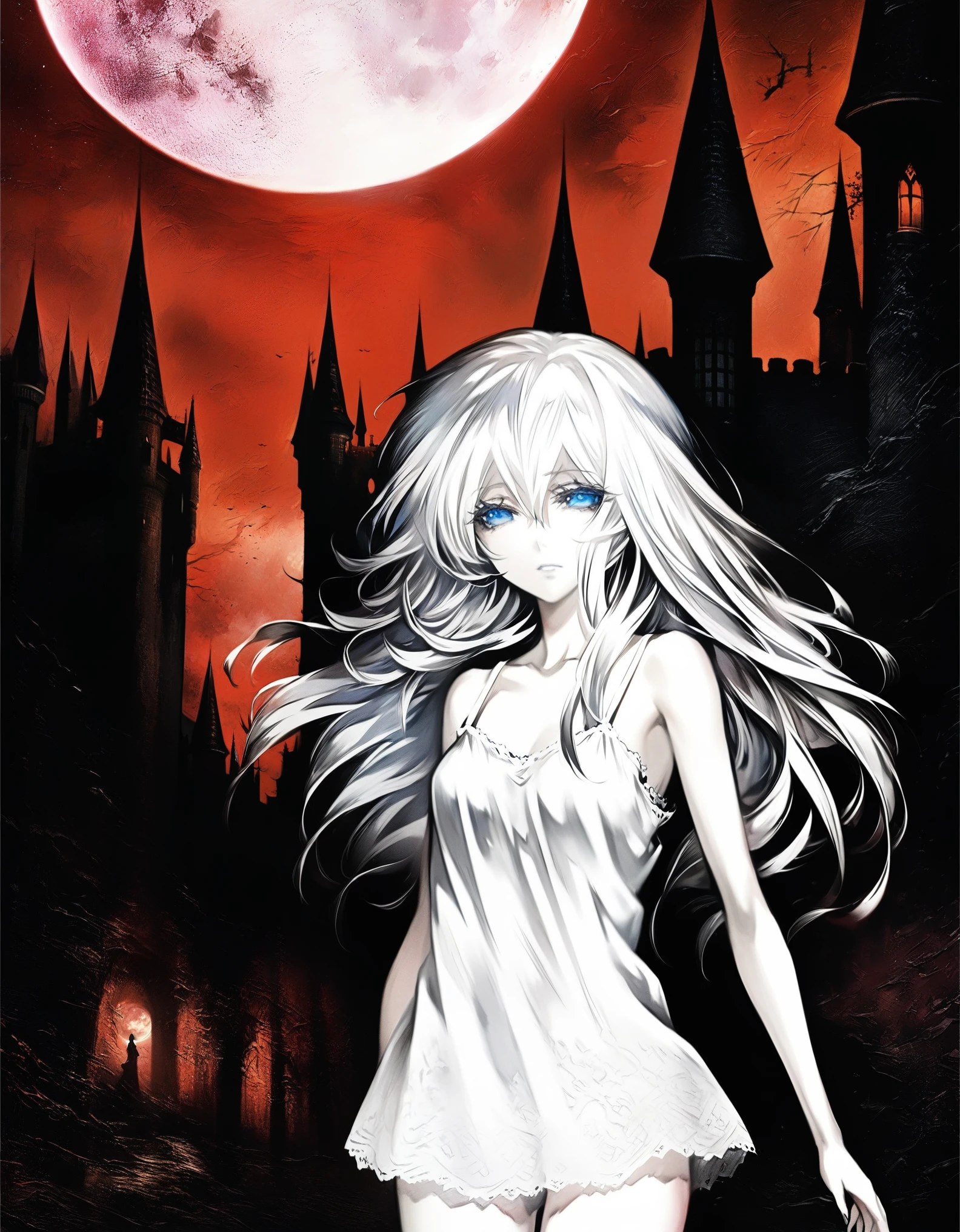 1girl, solo, cowboy shot, Anime Girls, (white long camisole), pale skin, albino, white long hair, half closed eyes, blue eyes, perfect anatomy,
Anime Girls, hyper realistic super detailed Legendary Castle background, Moon behind bright red great view environment, red full moon, night sky, Gloomy painting style,
Score_9,Score_8,score_7_up,source_anime, rating_questionable,