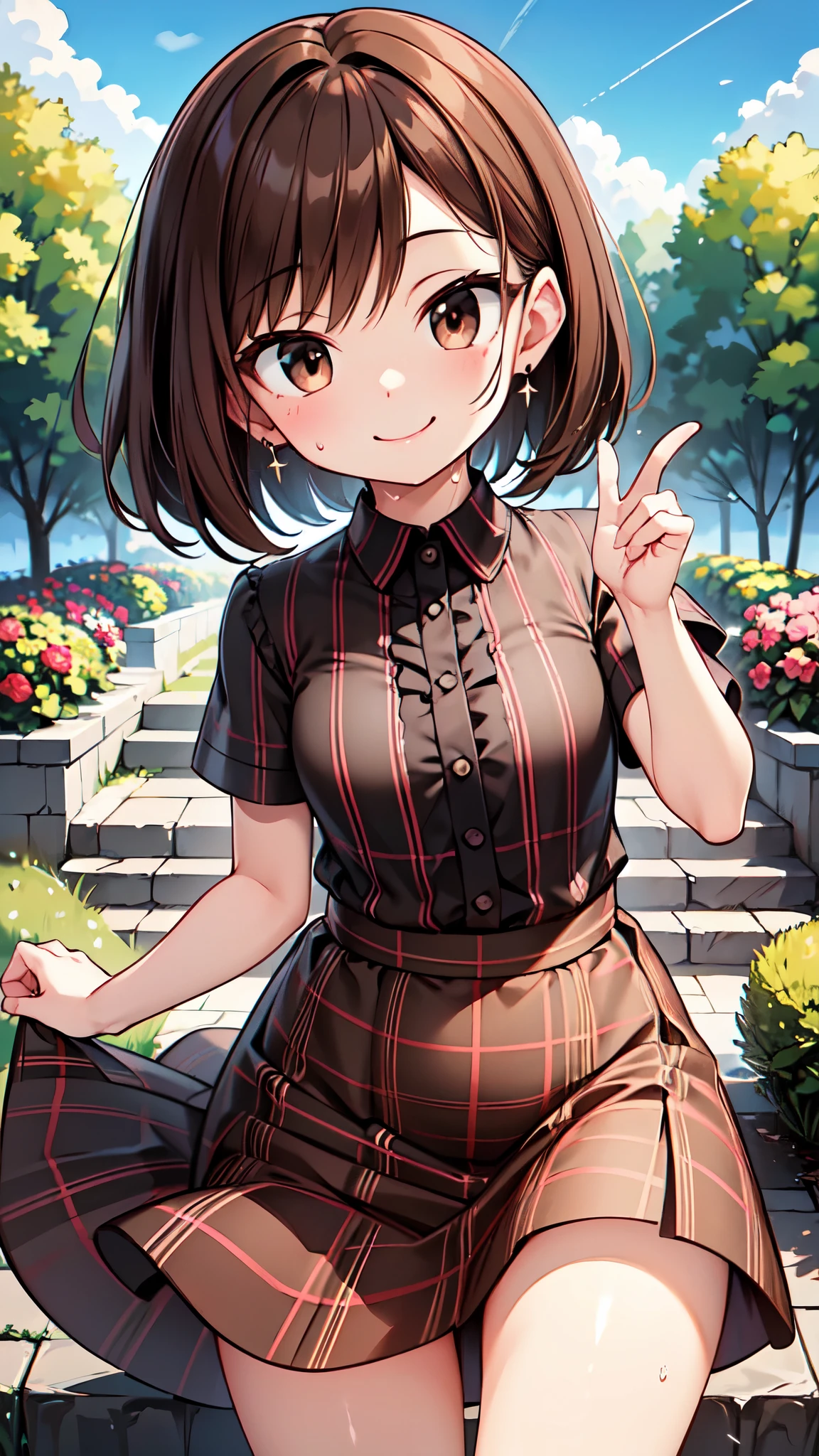 1,000,000、１People Girls、(Brown hair short cut)、Wet Hair、Beautiful brown hair、Keep your head small、Perfect Face、Shiny skin、Clear brown eyes、Slightly chubby、Small breasts、buttocks are small)、(((Teasing Smile)))、
Ultra-high resolution 、8k、ultra detailed, hyper detailed, best quality, delightful, in the flower garden, with a meteor, at midnight、magnificent panorama view、
Blue striped blouse、Tartan check long skirt、Beautiful sky、（Panoramic View：1.5）