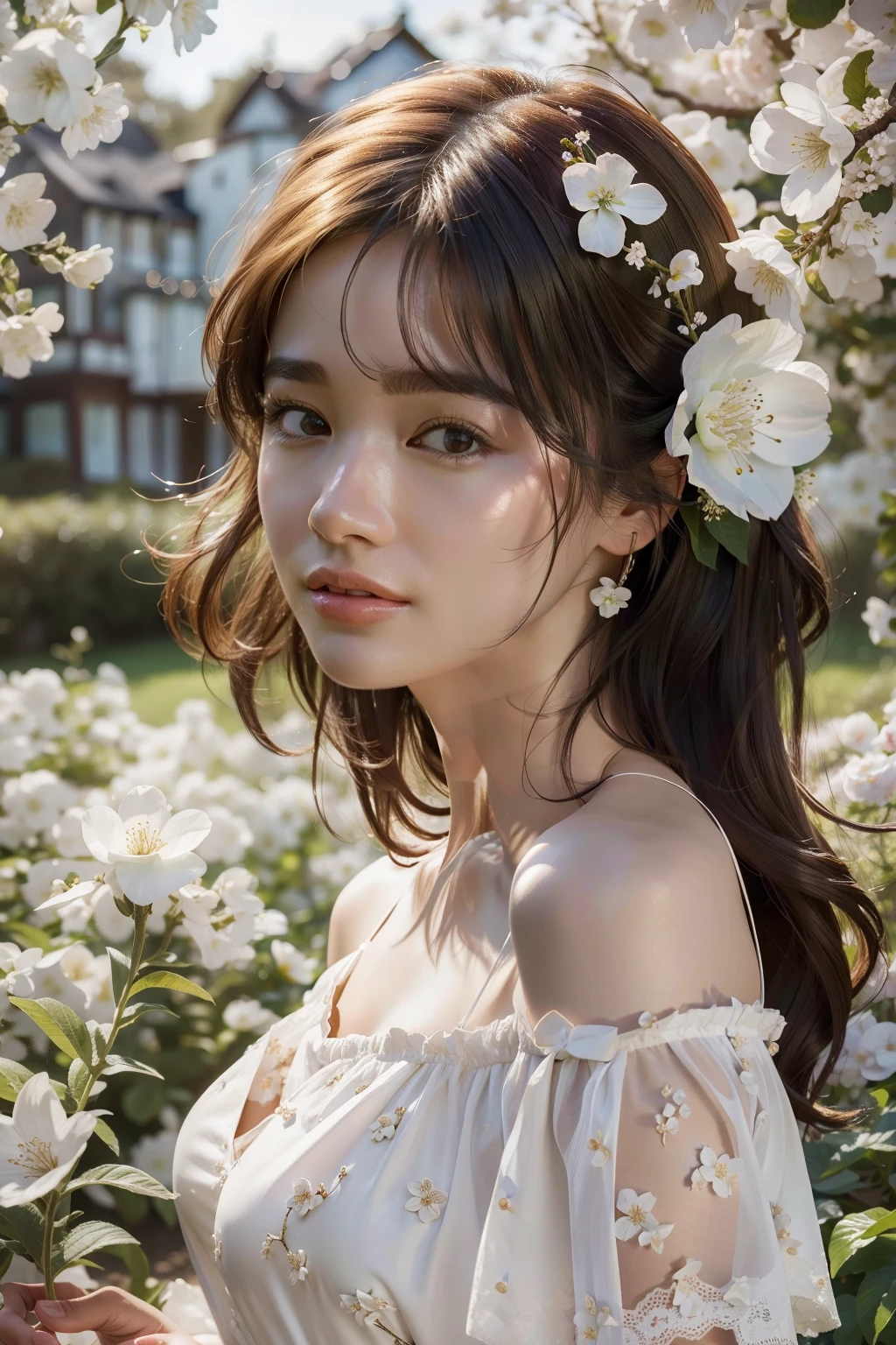 Best quality, masterpiece, ultra high res, (photorealistic:1.4), raw photo, 1girl, white dress, off shoulder, blossom flower field, glowing skin, light smile