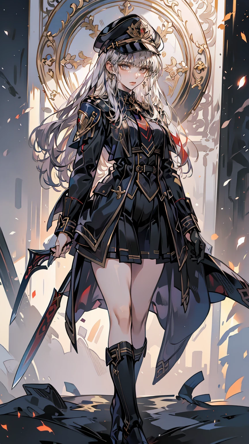 Realistic, Abandoned City, Rubble pile, Brick Building, One Woman (1, Far away Haair, Far away slits, Red eyes, Glaring eyes, Exquisite face, Standing (Underfloor, Stand with your feet shoulder-width apart), Lolita style military Uniform ( base, Red insert, Golden decoration, Steering Wheel, ワイドスリーブdainty and Subtle detailsing Armor), Far away gloves (, Red insert, Golden decoration, small Haands, Armor), Far away gloves, Knee-high boots (, High heels, Red soles), Haa (, Abba Dourada, Shield Emblem, Subtle detailss), Put your arms out in front, In front of the belly, Holding military swords with both Haands (, Golden decoration, Subtle details, Top handle, Blade facing the ground, In front of the body, Far away), Night Sky (, star, Increased fire and smoke) Pale painting style, One Girl, super high quality, Super detailed, Super detaileded image, long Haair, View your viewers, skirt, shirt, Haair ornament, Purple eyes, gloves, Round Glass, Long sleeve, Haat, Mouth closed, jacket, violet Haair, Braiding, Open clothes, tie, Black Gloves, black skirt, Uniform, single Braiding, open jacket, black jacket, Black Hat, bracelet, peaked cap, black tie, cropped jacket, military Haat, PantyhoseFlat ChestSmile, Black Cape
