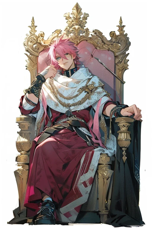 3D anime style image of a young boy with pink hair and yellow eyes sitting on a throne in white Egyptian emperor clothing and sitting next to the throne on the floor is a 25 year old boy, muscular body, with black hair and red eyes dressed in tight black anime knight clothes
