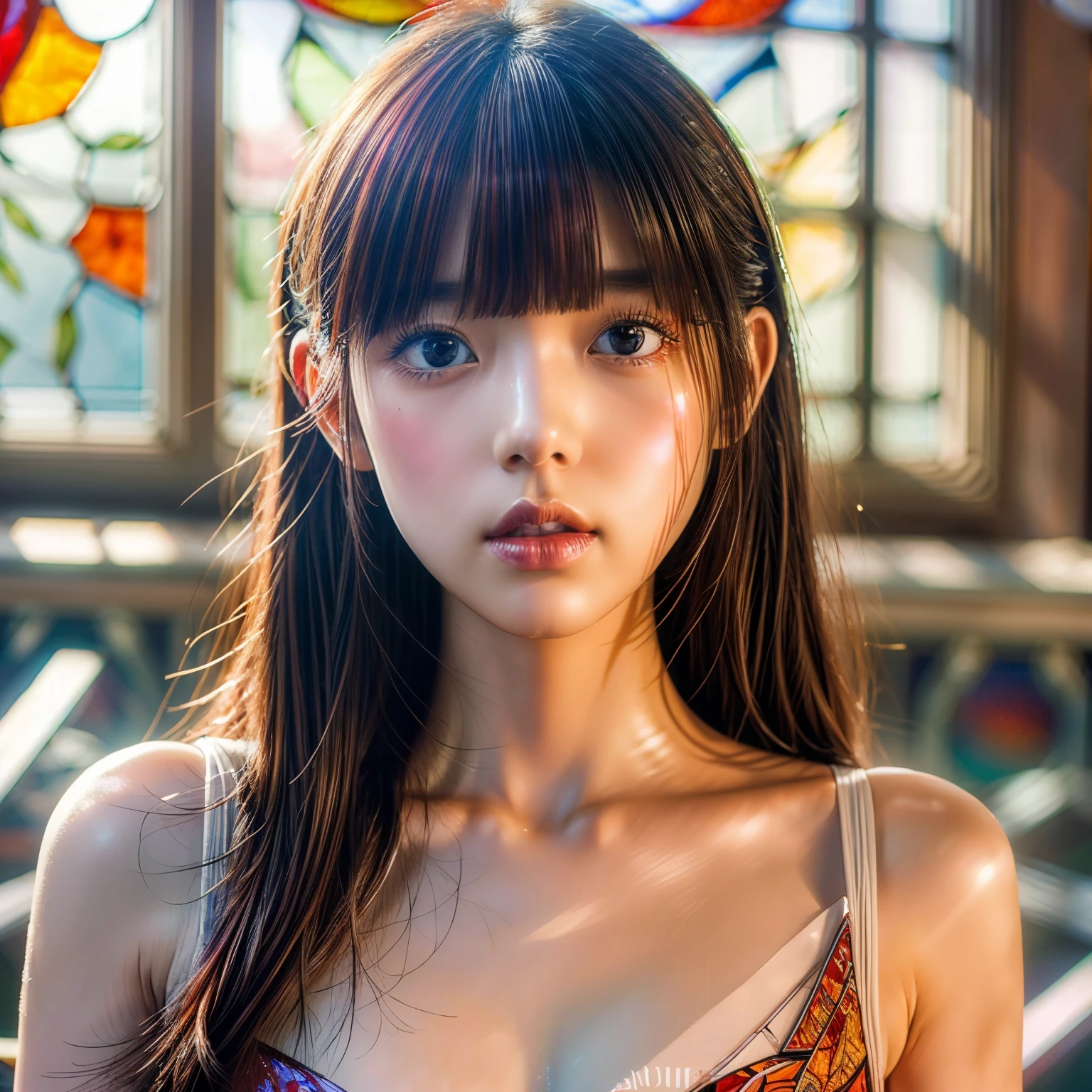 Sexy girl in ((WHITE)) and elaborate lace underwear, with Glossy RED lips, (Exposed:0.4), (((nipple:-0.9))), { (((Extremely closeup))) | Dynamic-angle }, ((Dazzling stained glass Background:1.2)), (( colorful Light shines through stunning elaborate stained glass:1.35)), vivid Red colors . ((Acutance:0.85, physically-based 3D rendering)), (masterpiece:1.2), (ultra-detailed:1.35), (((realistic and photo-realistic with touch of rawness:1.37))) . ((Renbutsu Misako)), (((Extremely detailed KAWAII face variations, with Dynamic expressions))), detailed eyes with sparkling highlights, captivating gaze, long eyelashes, subtle blush on the face, rosy cheeks, impeccable ivory skin texture . { full of flowers covering girl's body | Mystic sight | haze | Light Particle | Luminous Particle | Lens Flare | Overflowing sideboob } . (Luminism), (SpecularReflection)
