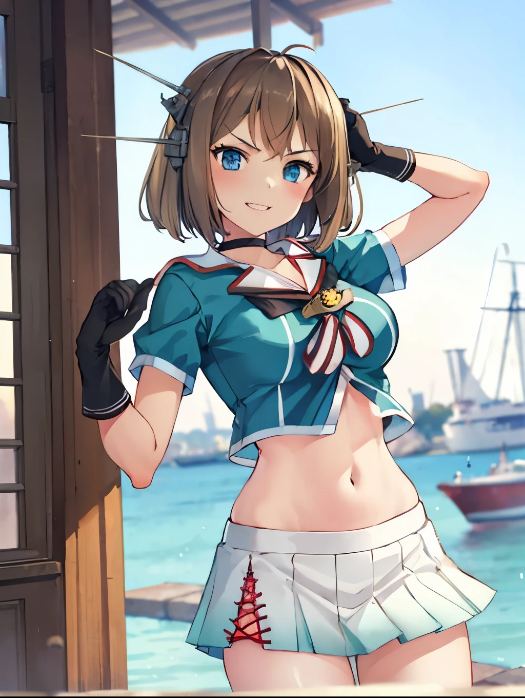 best quality, integrated scenery, integrated background, extremely delicate and beautiful, meticulous details, good composition, , cute face, perfect face, perfect hands,an anime style ,1young__ girl, , brown_hair, medium_bob_hair, blue_midriff_baring_sailor_uniform, mini_skirt, short_sleeve, thighs, large_breasts, (angry:0.8),smile,standing, harbor_background, slightly_spread_legs, happiness, short_gloves,headgear