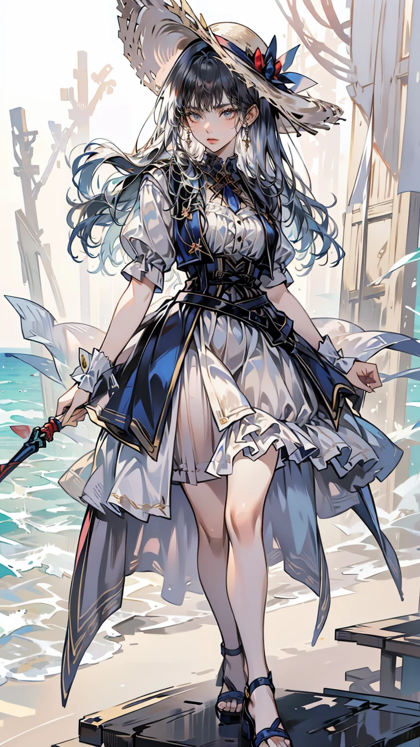 pretty girl,Painted in pastel colors, Summer clothes around her, Dancing in the Wind, High quality painting,White Dress,With blue belt,Blue lines on the cuffs,Straw hat,Red ribbon,Sandals,ストラップ付きSandals,Earrings,紫の宝石のEarrings,Beach,Hold on to your hat,左手でHold on to your hat,A strong wind is blowing,
