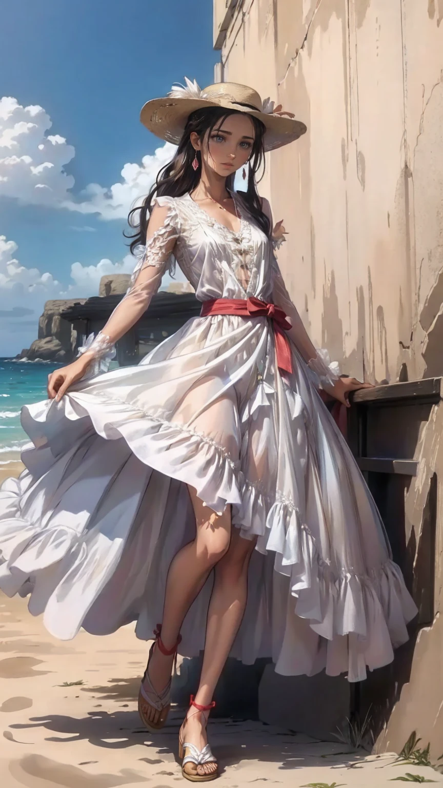 pretty girl,Painted in pastel colors, Summer clothes around her, Dancing in the Wind, High quality painting,White Dress,With blue belt,Blue lines on the cuffs,Straw hat,Red ribbon,Sandals,ストラップ付きSandals,Earrings,紫の宝石のEarrings,Beach,Hold on to your hat,左手でHold on to your hat,A strong wind is blowing,
