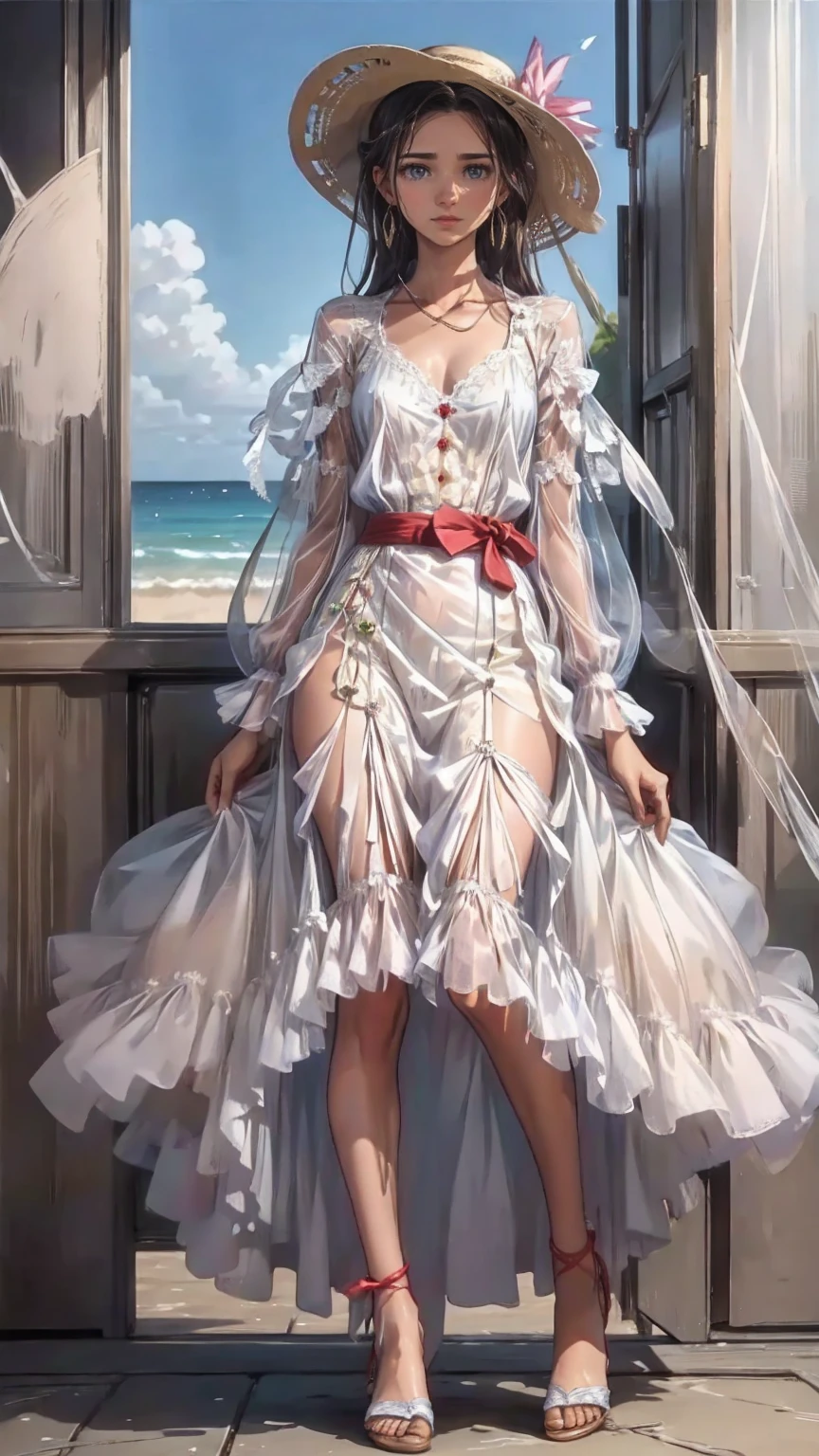 pretty girl,Painted in pastel colors, Summer clothes around her, Dancing in the Wind, High quality painting,White Dress,With blue belt,Blue lines on the cuffs,Straw hat,Red ribbon,Sandals,ストラップ付きSandals,Earrings,紫の宝石のEarrings,Beach,Hold on to your hat,左手でHold on to your hat,A strong wind is blowing,
