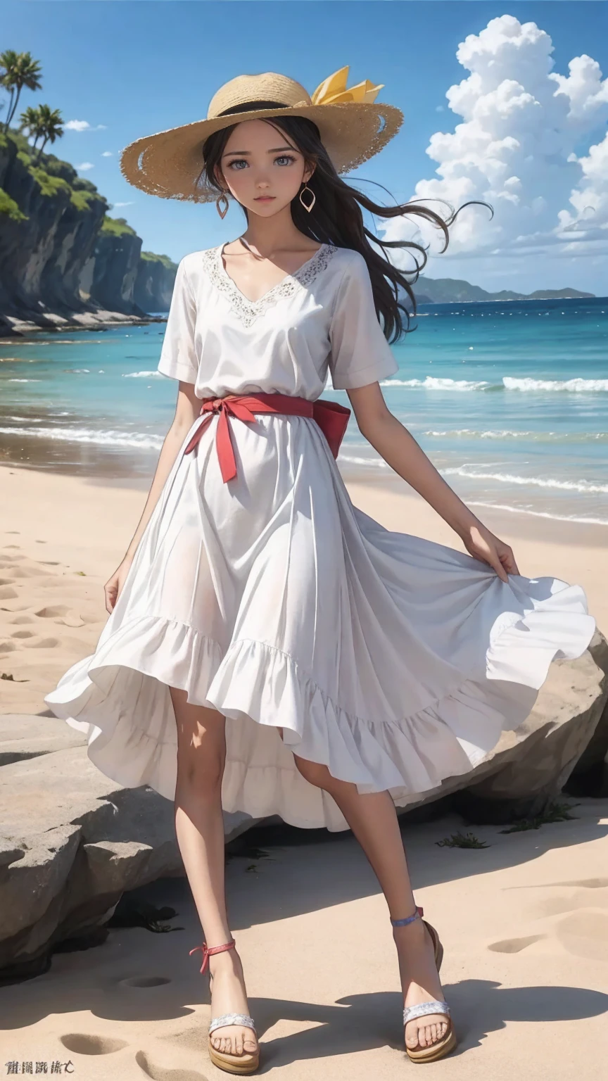 pretty girl,Painted in pastel colors, Summer clothes around her, Dancing in the Wind, High quality painting,White Dress,With blue belt,Blue lines on the cuffs,Straw hat,Red ribbon,Sandals,ストラップ付きSandals,Earrings,紫の宝石のEarrings,Beach,Hold on to your hat,左手でHold on to your hat,A strong wind is blowing,
