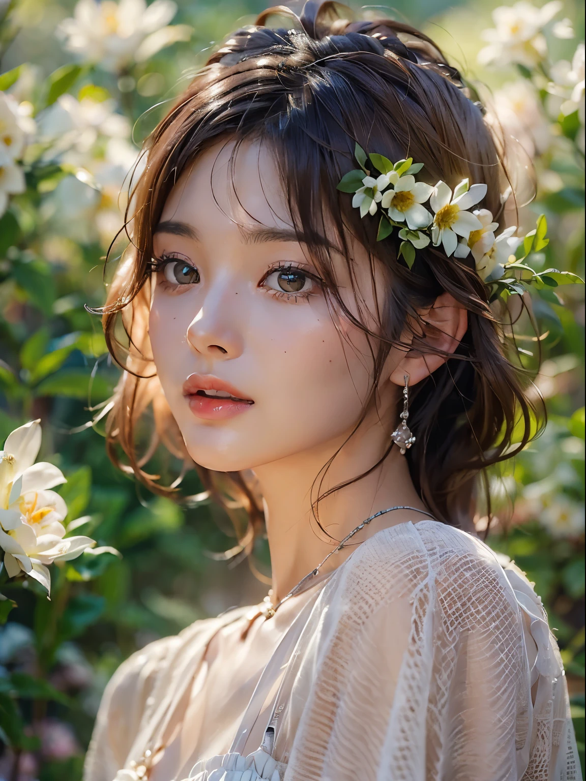 ((A 20-year-old beauty looks back after finding an audience:1.5))movement、8k、Ultra-realistic details、An ultra-high picture quality、Brown hair、straight haired、short-haired、A detailed face、Detailed body、Wearing a thin white dress with a wide open chest、Upper and lower innerless、The background is a garden with beautiful flowers、Blur the background、Professional photographer photography、