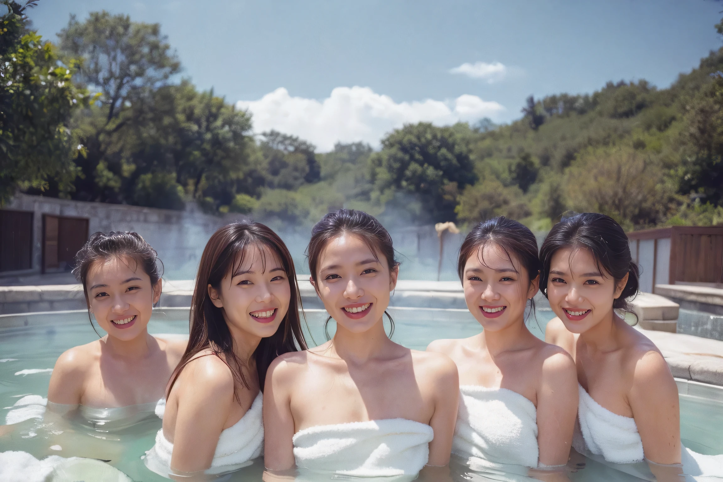 ((highest quality、masterpiece、8K、Highest image quality、Ultra high definition、Award-winning work)、(Group photo of five women from the chest up:1.5)、(Nude photos from the chest up:1.3)、(accurate anatomy:1.1)、(Soak in the hot spring up to your chest:1.2)、(A smile staring at me:1.1)、Ultra high definitionの輝く色白美肌、the most detailed face、Ultra high definitionの詳細な顔、Ultra high definitionの髪の毛、Ultra high definitionの煌めく瞳、Beautiful face drawn in super detail、close up of face、(blurred background:1.1)、very bright and vivid、beautiful japanese actress face、(A hot spring with beautiful nature in an unexplored area deep in the mountains:1.1)、An open-air bath surrounded by irregularly shaped rocks