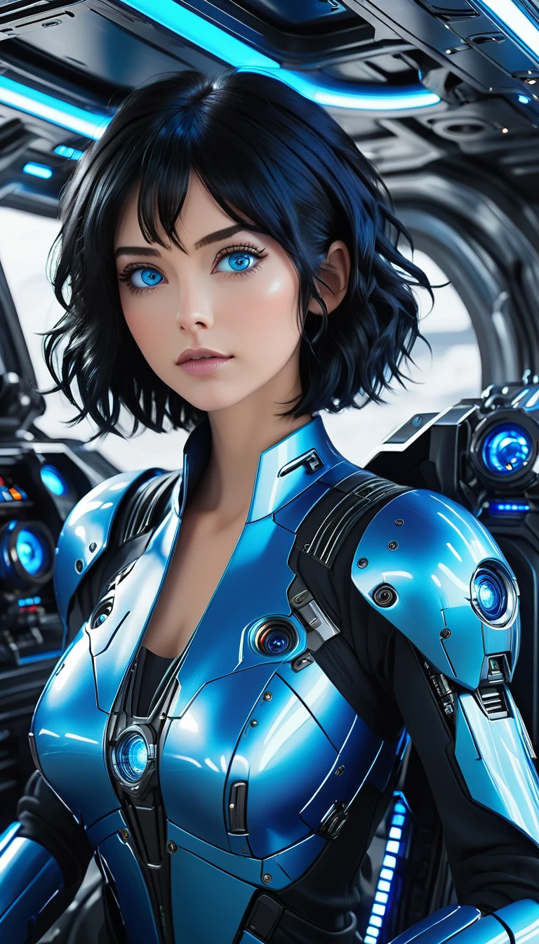 woman, Mechanical Blue Body ，Best Quality, masterpiece 8k,Futuristic blue illuminated spaceship interior，サイバーブルースーツを着たwoman，Black Hair，blue eyes，Shortcuts, Best Quality, High resolution, , blue eyes, 