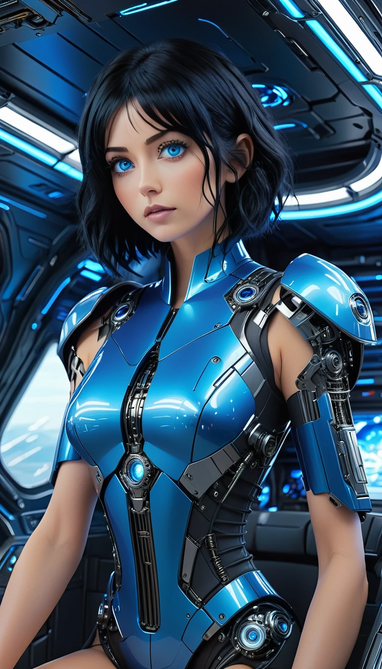 woman, Mechanical Blue Body ，Best Quality, masterpiece 8k,Futuristic blue illuminated spaceship interior，サイバーブルースーツを着たwoman，Black Hair，blue eyes，Shortcuts, Best Quality, High resolution, , blue eyes, 