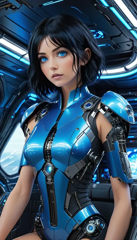 woman, mechanical blue body ，best quality, masterpiece 8k,futuristic blue illuminated spaceship interior，サイバーブルースーツを着たwoman，blac...