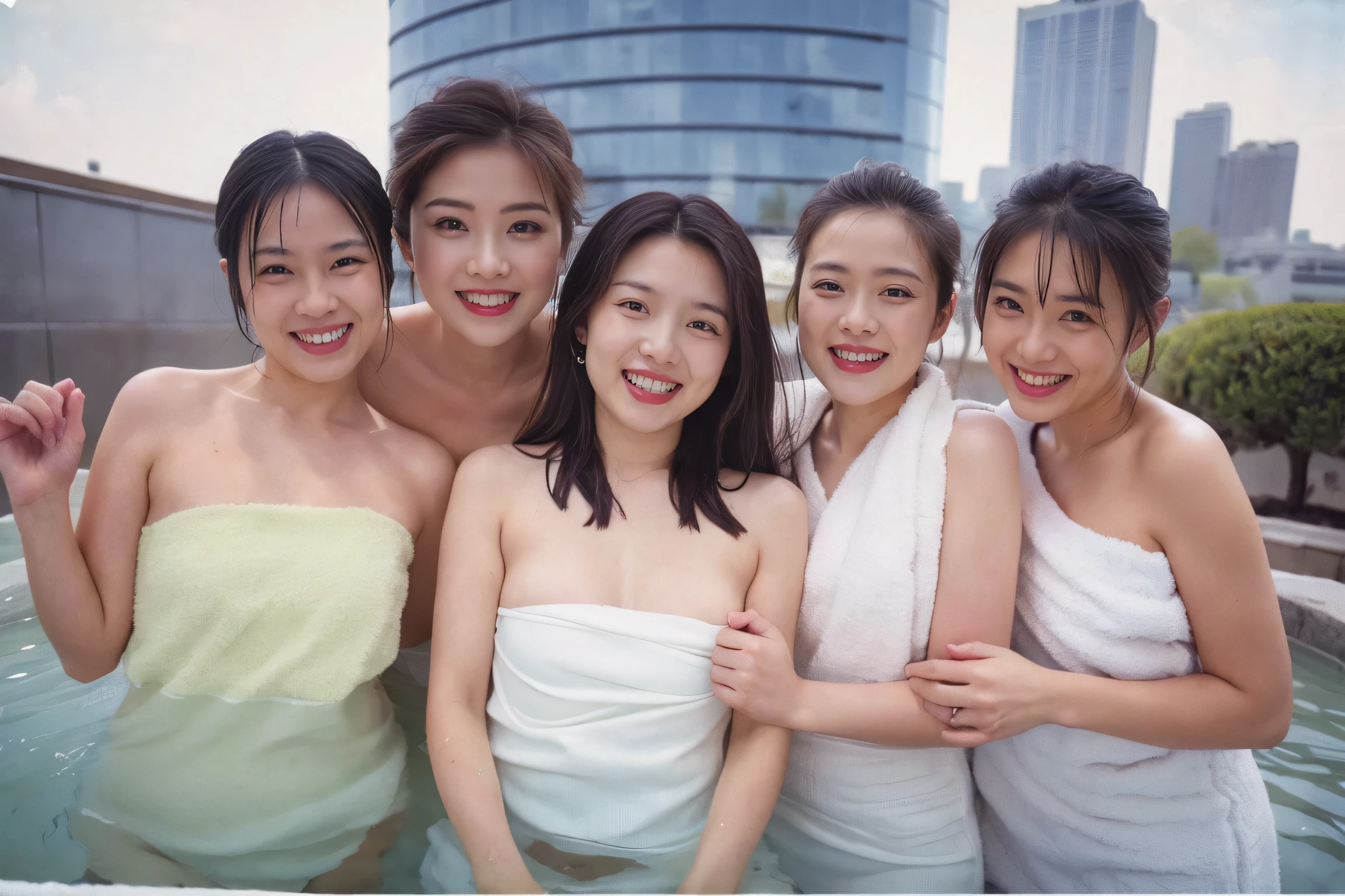 Four beautiful Japanese girls in wedding dresses hugging each other in the pool、Hair tied up、Selfie、Photo taken in the outdoor pool、Everyone is in water up to their chest、My clothes and skin are completely soaked、Waterlogged、Looking at this、Smiling、Wearing earrings、water is pouring down、Splash、((first round))