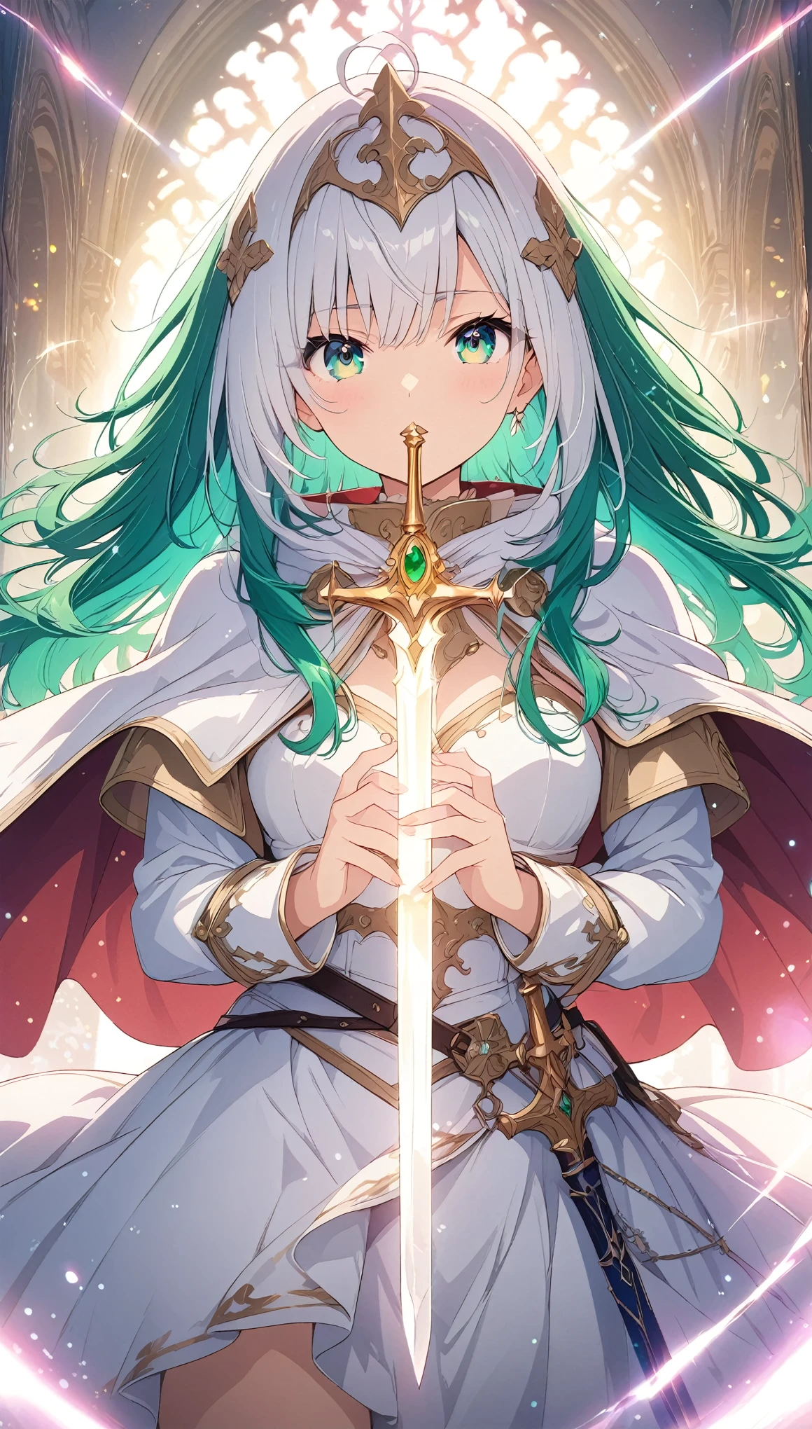 (masterpiece: 1.2), (Very detailed: 1.2), (Very detailed CG: 1.2), (high quality: 1.2), (最high quality), 8k, Anime illustration, Holy Knight、White Armor、White helmet、Beautiful cloak、Hold the sword in front of your face with both hands,Rin々Beautiful face,Emerald Eyes,Light effects,Sparkling effects