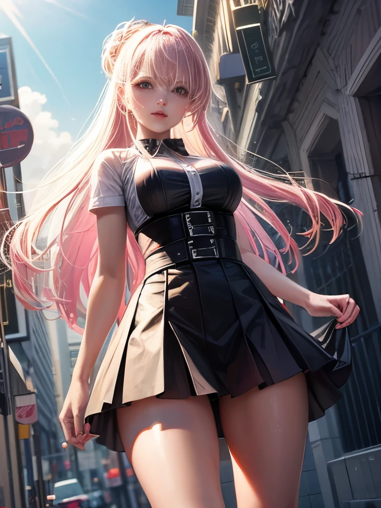 bangs, Hair Between Eyes, (pink Eyes: 1.5), Multicolored Hair, Hair Tie, Lipstick, Girls, kogal, Makeup, BREAK Skirt, Shirt, Jewelry, , clavicle, White shirt, Pleated skirt, Collared shirt, Mini skirt, Bracelet, black skirt, Naughty big、big full breasts、BREAK looking at the viewer, Full body, BREAK (masutepiece:1.2), Best quality, High definition, Unity 8k wallpapers , (Illustration: 0.8), (Beautiful detailed eyes: 1.6), extremely detailed face, Perfect lighting, extremely detailed CG, (Perfect hands, Perfect anatomy), Open mouth smile、Stand on the escalator, (Up) escalator), ( lower body shot), Focus on hips, (shot from below: 1.3), (back view: 1.3)、 (black panties: 1.3)、(Rolling skirt: 1.3)、(Fully exposed panties: 1.5), outdoor、 outside the house