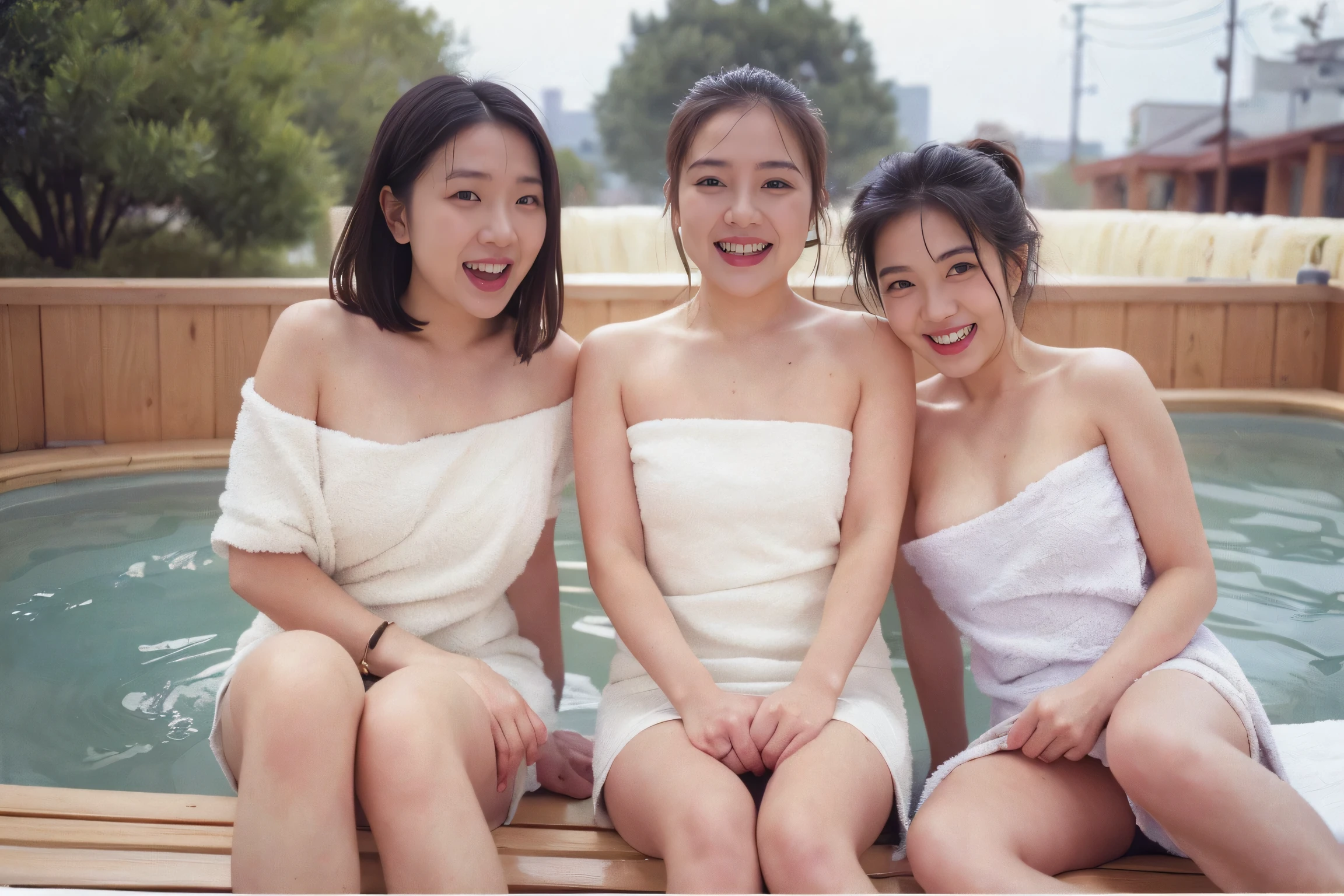 3girls,((Highest quality、8K resolution、Masterpiece、Portraiture)), Photorealistic, 35mm Film, On the street during the day, Wrinkles around the eyes,Wrinkles around the mouth、((naked towel:1.2)) , (Outdoor_natural hot springs: 1.2), Cluttered background,Looking at the audience,Laughter, whole body