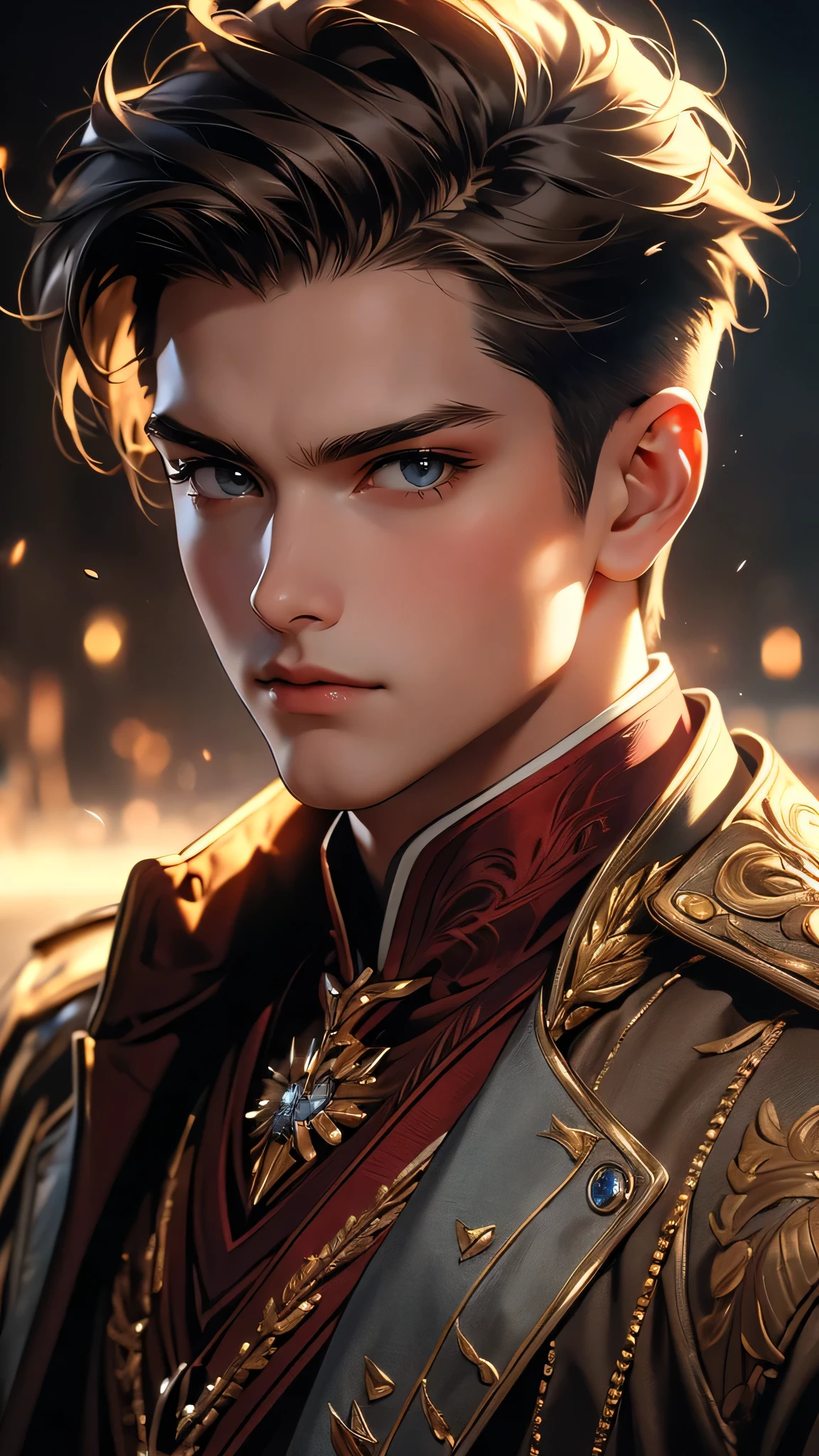 ((masterpiece)), envision a 8k, highres, cinematic, semi realistic, detailed, close up portrait of a strong young man, strong face, mature face, slender muscular body, short brown hair, blue eyes, military gear (((1boy))), in dark lighting, against a dark background