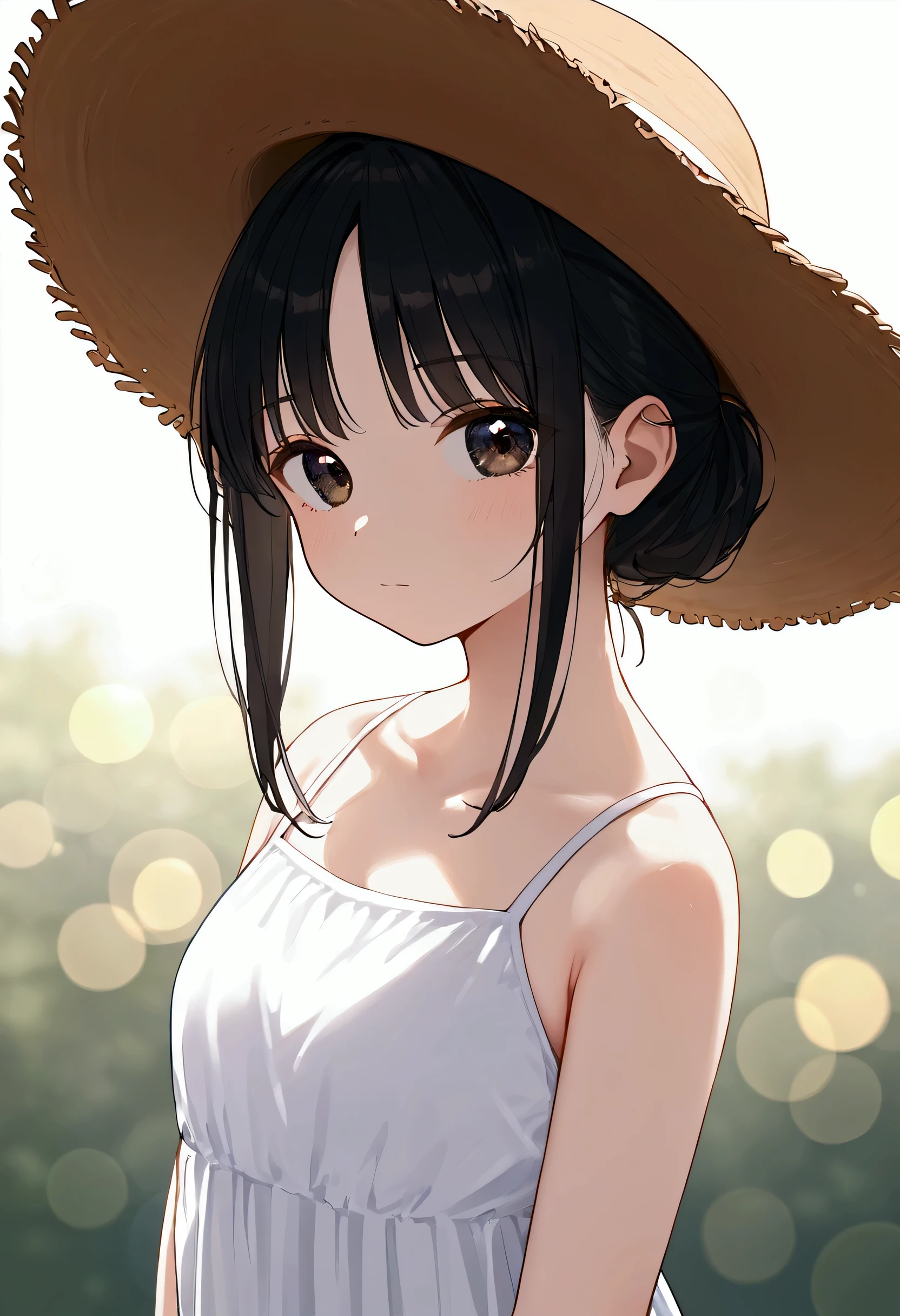 nai3, close up, masterpiece, best quality, bokeh, cute, 1girl, solo, black hair, white dress, A straw hat, looking at viewer, closed mouth, 