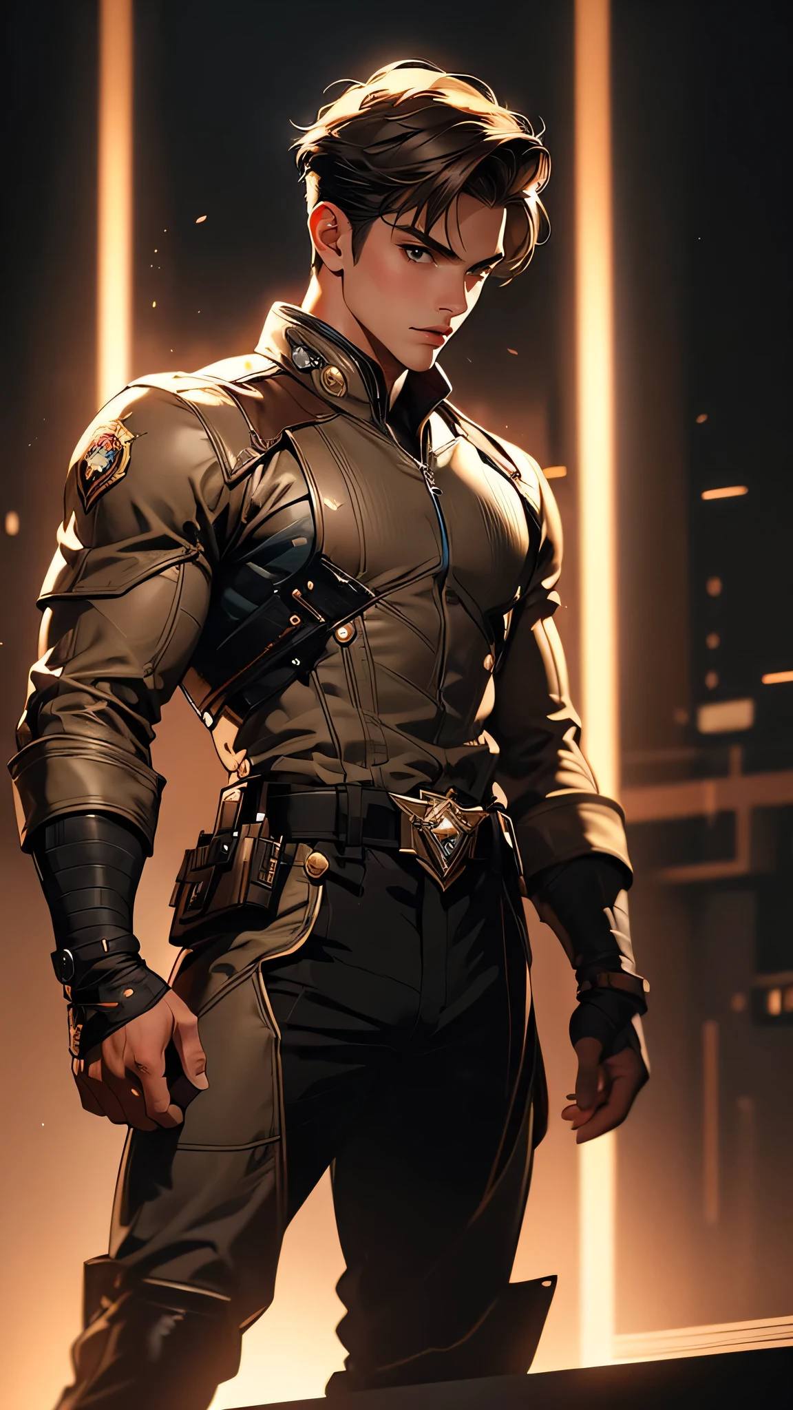 ((masterpiece)), envision a 8k, highres, cinematic, semi realistic, detailed, full body pinup of a strong young man, strong face, mature face, slender muscular body, short brown hair, blue eyes, military gear (((1boy))), in dark lighting, against a dark background