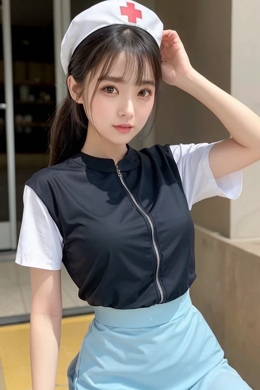 ((Best Quality, 8k)), Beauty, Japanese girl, nurse, whole body, Perfect Anatomy, Standing, Black Hair, Bangs and downward ponytail, 20 years old, Face Focus, Detailed face, Detailed lips, Beautiful Eyes, Sweaty skin: 1.2, nurse uniform, Light blue dress, nurse cap,((Ultra mini skirt))