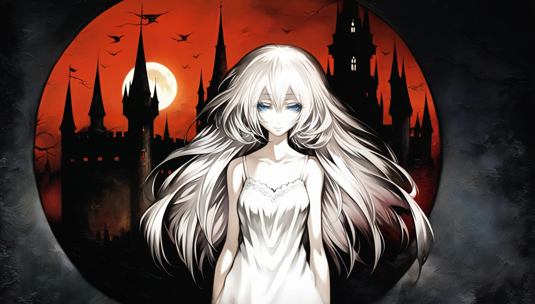 1girl, solo, cowboy shot, Anime Girls, (white long camisole), pale skin, albino, white long hair, half closed eyes, blue eyes, perfect anatomy,
Anime Girls, hyper realistic super detailed Legendary Castle background, Moon behind bright red great view environment, red full moon, night sky, Gloomy painting style,
Score_9,Score_8,score_7_up,source_anime, rating_questionable,