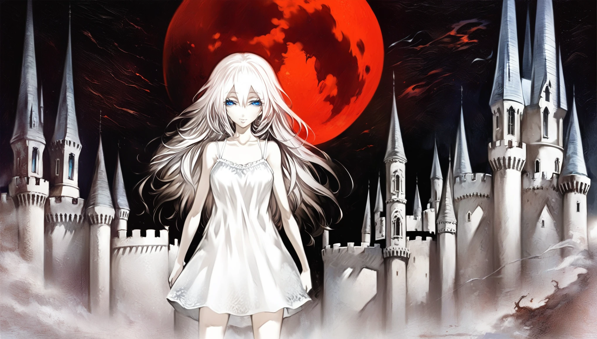 1girl, solo, cowboy shot, Anime Girls, (white long camisole), pale skin, albino, white long hair, half closed eyes, blue eyes, perfect anatomy,
Anime Girls, hyper realistic super detailed Legendary Castle background, Moon behind bright red great view environment, red full moon, night sky, Gloomy painting style,
Score_9,Score_8,score_7_up,source_anime, rating_questionable,