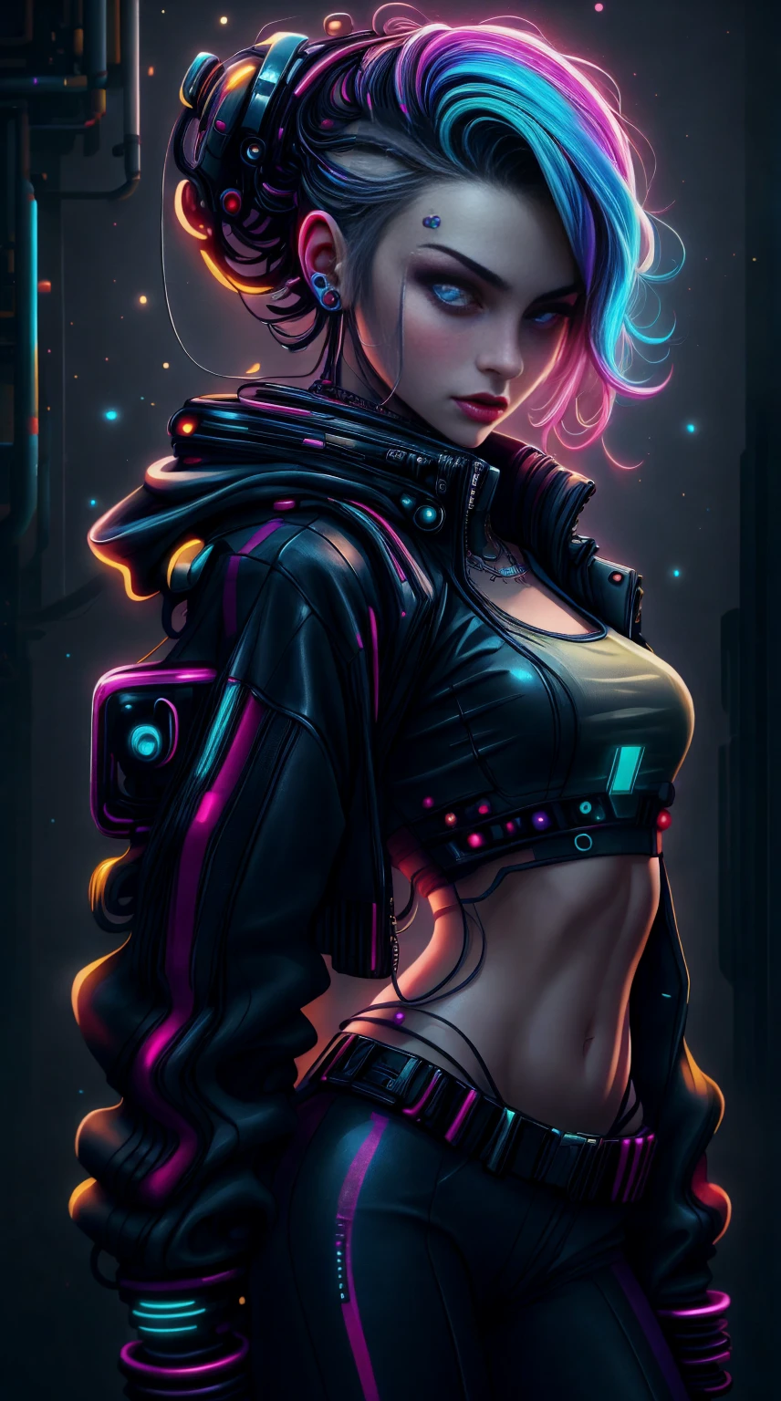 Beautiful girl with small breasts, wearing a sturdy jacket, broad,A beautiful young woman , charming and fascinating in a bubble with iridescent colors, with star decorations, Machine guns in cyberpunk night scene., cyberpunk red green background, (best quality: 1.4), (Masterpiece: 1.2), detailed, complex, high resolution32K