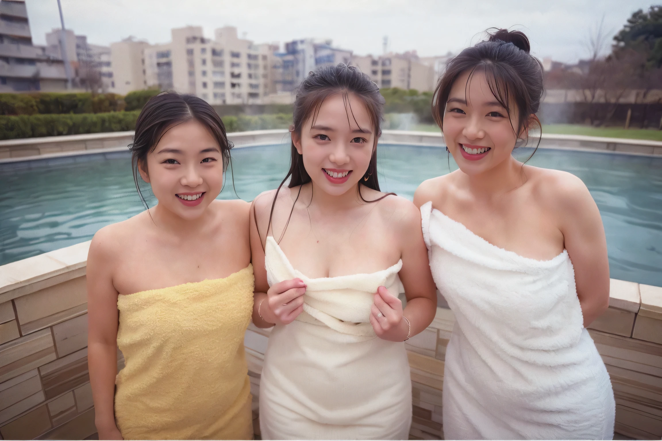 3girls,((Highest quality、8K resolution、Masterpiece、Portraiture)), Photorealistic, 35mm Film, On the street during the day, Wrinkles around the eyes,Wrinkles around the mouth、((naked towel:1.2)) , (natural bath_hot spring: 1.2), Cluttered background,Looking at the audience,Laughter, whole body