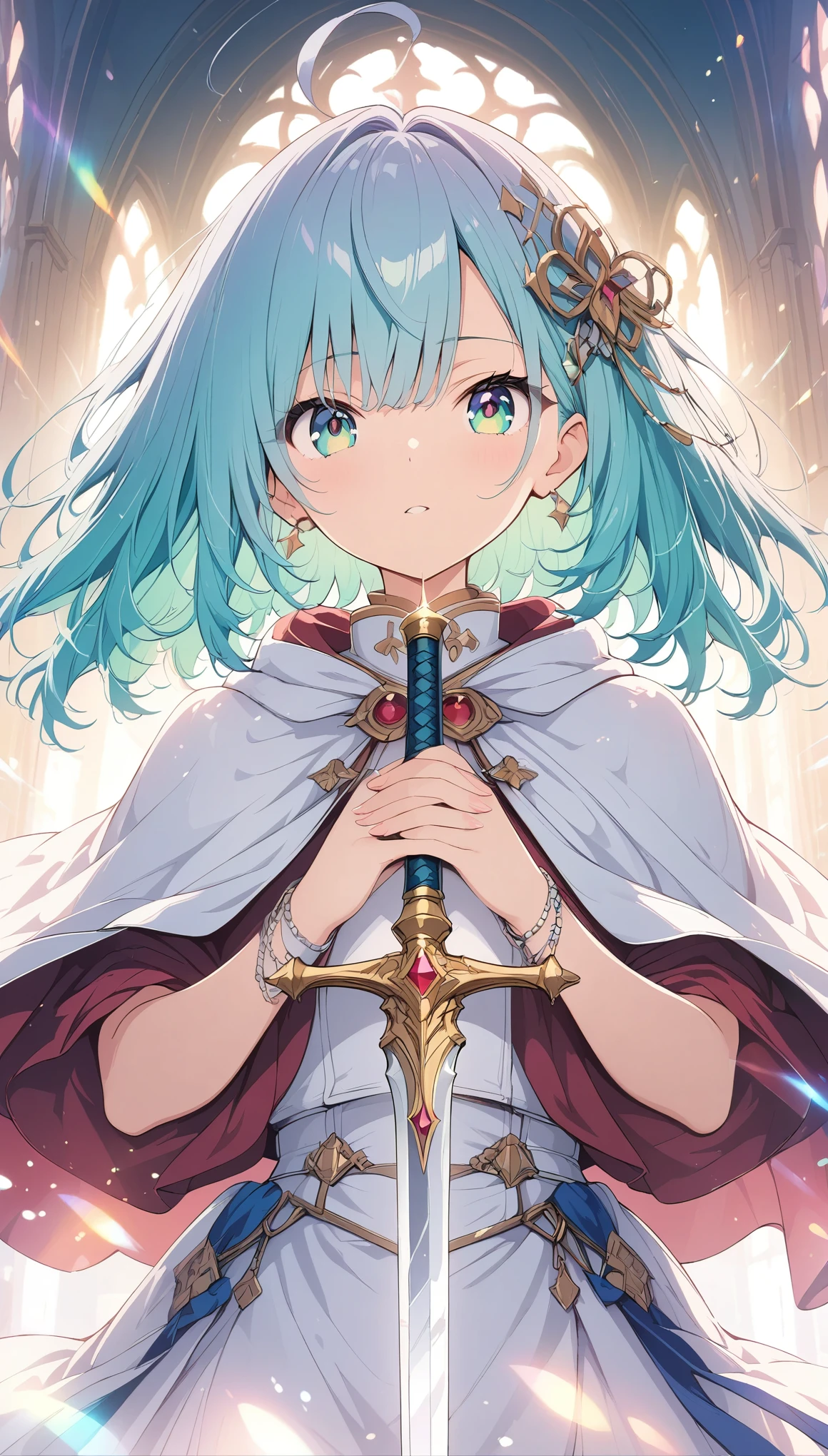 (masterpiece: 1.2), (Very detailed: 1.2), (Very detailed CG: 1.2), (high quality: 1.2), (最high quality), 8k, Anime illustration, Holy Knight、White Armor、White helmet、Beautiful cloak、Hold the sword in front of your face with both hands,Rin々Beautiful face,Emerald Eyes,Light effects,Sparkling effects