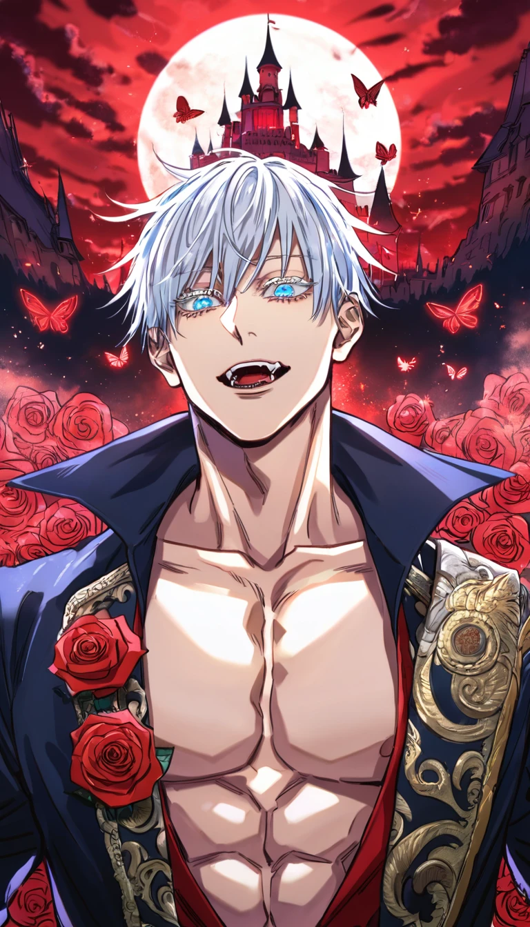 absurdres, highres, ultra detailed, HDR, master piece, best quality, Gojou Satoru, white hair, expressive blue eyes, white eyelashes, Jujutsu Kaisen, solo, sexy man, handsome, horny, lewd, winking, sticking out his tongue, black hat, fantasy black pirate clothes, accessories, showing the chest, beach, sea, petals, flowers