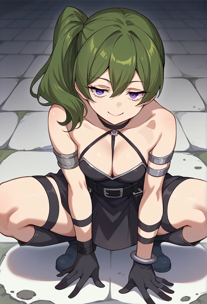 ((topless)),score_9, score_8_superior, sauce_anime, One girl, alone, Bad Freeze, Purple eyes, dark green hair, Medium Hair, Side Ponytail, Black Choker, Arm strap, Bracelet, Black Dress, halter dress, Cleavage, Short dress, belt, No sleeve, One-handed gloves, Black gloves, Thigh straps, Black knee boots, smile, squat, On the floor, dark. Dungeons, Ishigaki, Stone floor, Headrest, 