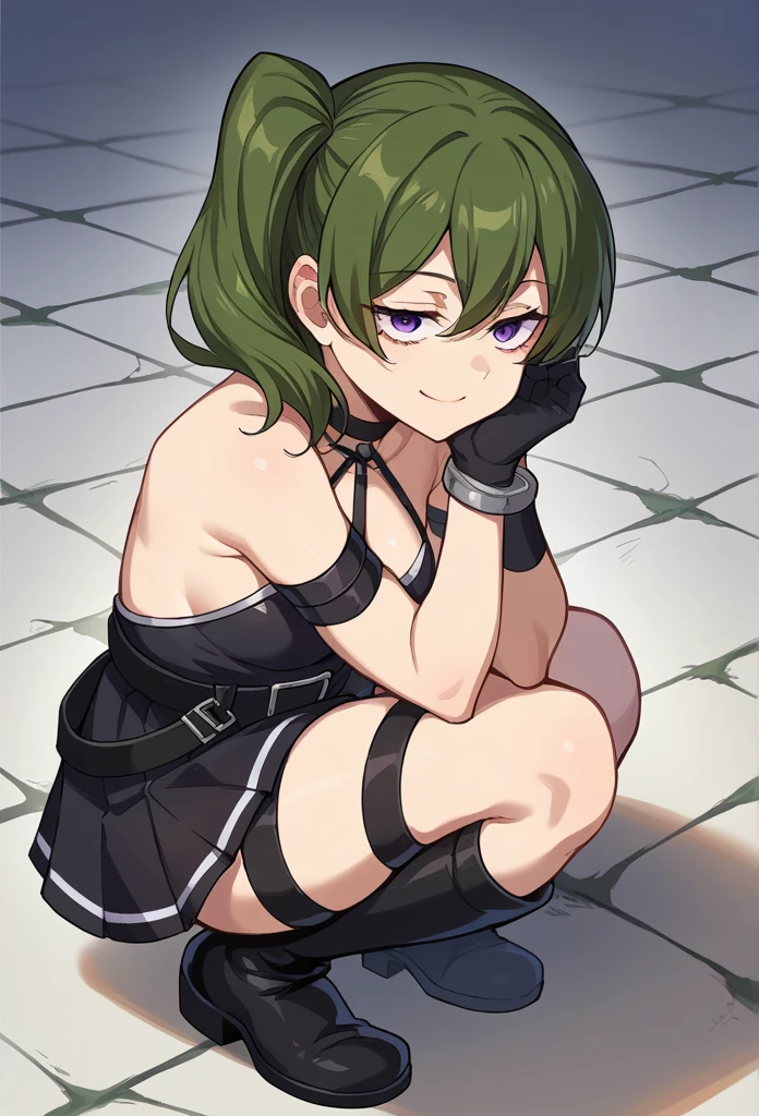 ((topless)),score_9, score_8_superior, sauce_anime, One girl, alone, Bad Freeze, Purple eyes, dark green hair, Medium Hair, Side Ponytail, Black Choker, Arm strap, Bracelet, Black Dress, halter dress, Cleavage, Short dress, belt, No sleeve, One-handed gloves, Black gloves, Thigh straps, Black knee boots, smile, squat, On the floor, dark. Dungeons, Ishigaki, Stone floor, Headrest, 