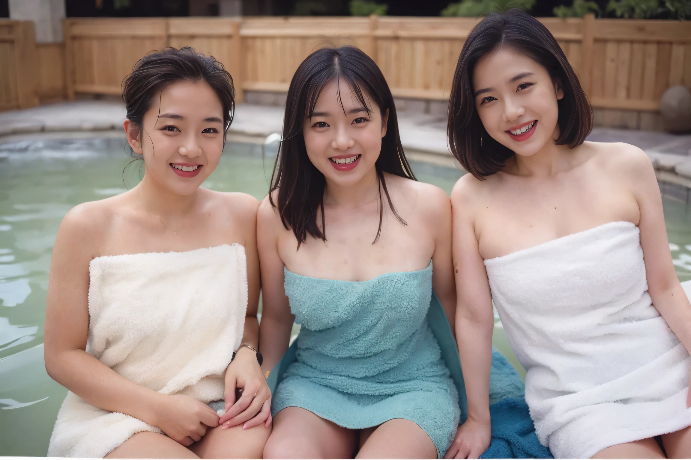 3girls,((Highest quality、8K resolution、Masterpiece、Portraiture)), Photorealistic, 35mm Film, On the street during the day, Wrinkles around the eyes,Wrinkles around the mouth、((naked towel:1.2)) , (natural bath_hot spring: 1.2), Cluttered background,Looking at the audience,Laughter, whole body