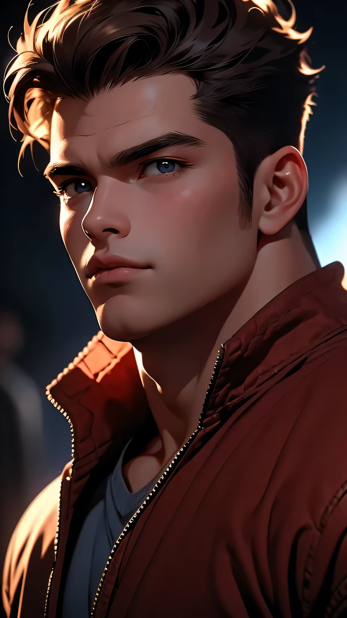 ((masterpiece)), envision a 8k, highres, cinematic, semi realistic, detailed, close up portrait of a strong young man, strong face, mature face, muscular body, short brown hair, blue eyes, dark skin (((1boy))), in dark lighting, against a dark background