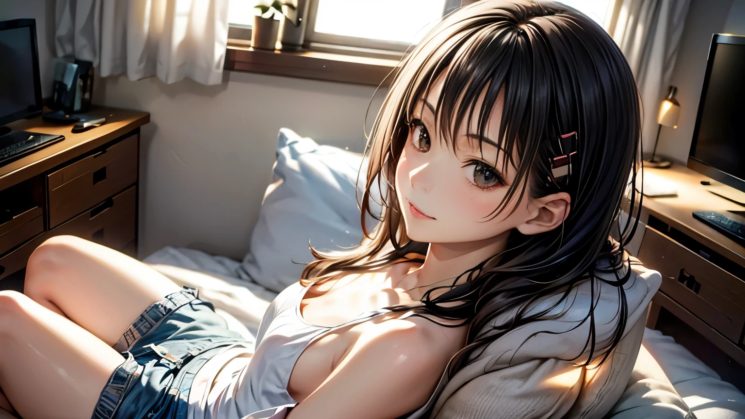 of Misaki,Alone, Peculiar Light, woman, Midnight, profile, Landscape, Space, nail, Look away:1.4, adult, Small breasts, Ghibli-inspired design, living room, Sitting, Black Hair, Study, completely, Landscape, Side view,