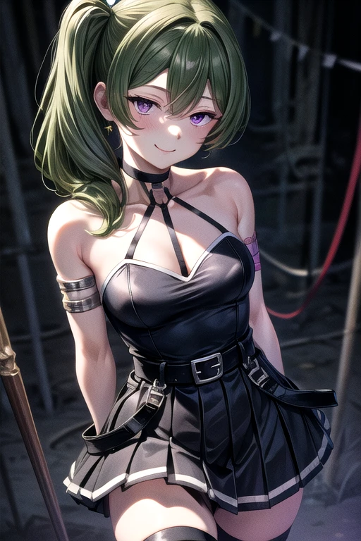 (masterpiece), best quality, (((ultra detailed, 8k quality))), expressive eyes, perfect face, perfect anatomy, perfect body, scene, UbelFrieren, purple eyes, side ponytail, black choker, arm strap, armlet, black dress, halter dress, belt, sleeveless, single glove, thigh strap, standing, arms behind back, smile, dark, dungeon, medieval, 