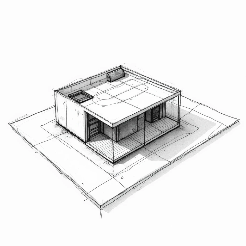 Sketch a hand-drawn design of a small modern house, featuring initial concept ideas on a white paper background. The drawing should include a diagonal aerial view, showcasing basic floor plans and architectural details