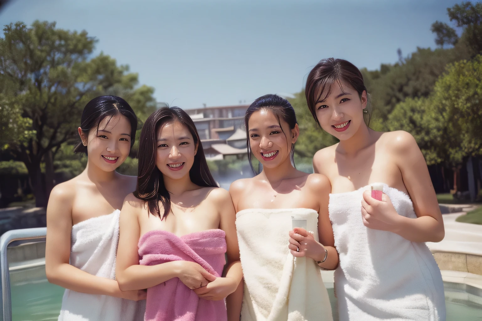 5girls,((Highest quality、8K resolution、Masterpiece、Portraiture)), Photorealistic, 35mm Film, On the street during the day, Wrinkles around the eyes,Wrinkles around the mouth、((naked towel:1.2)) , (Outdoor_hot spring: 1.2), Cluttered background,Looking at the audience,Laughter, whole body