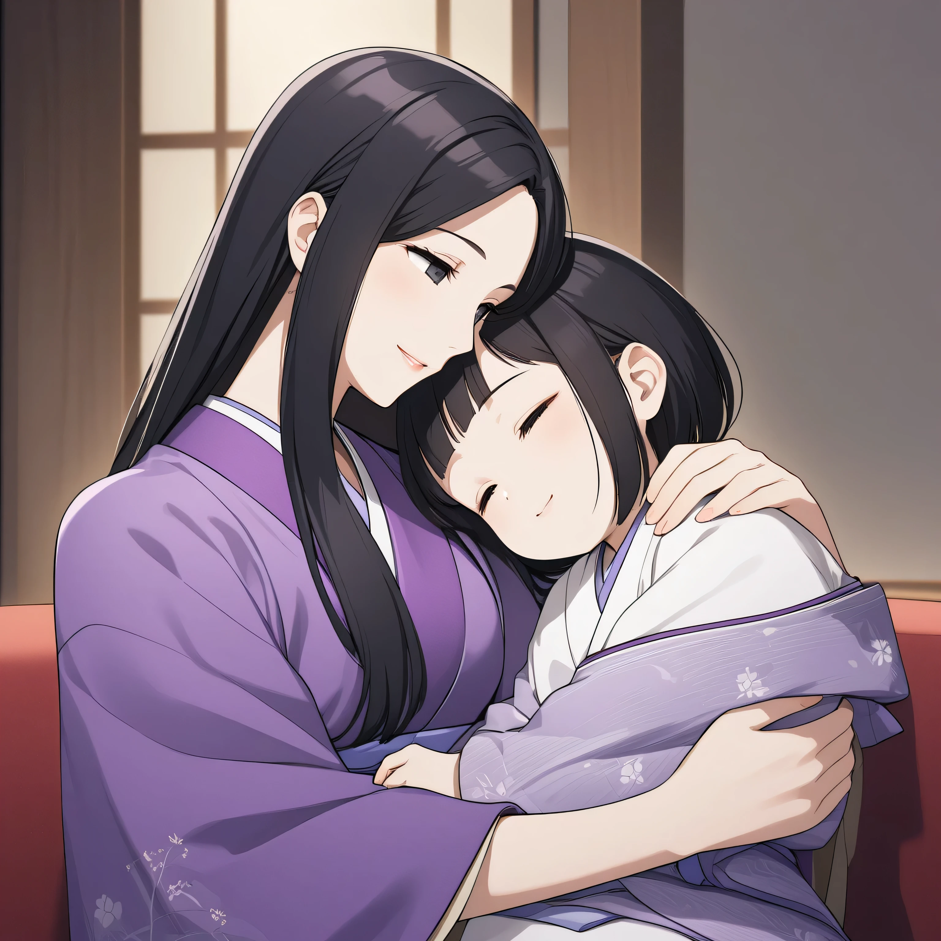 beautiful noble Japanese mother, wearing purple colored kimono, (((black straight hair, black eyes))), gentle smile, holding her sleeping daughter