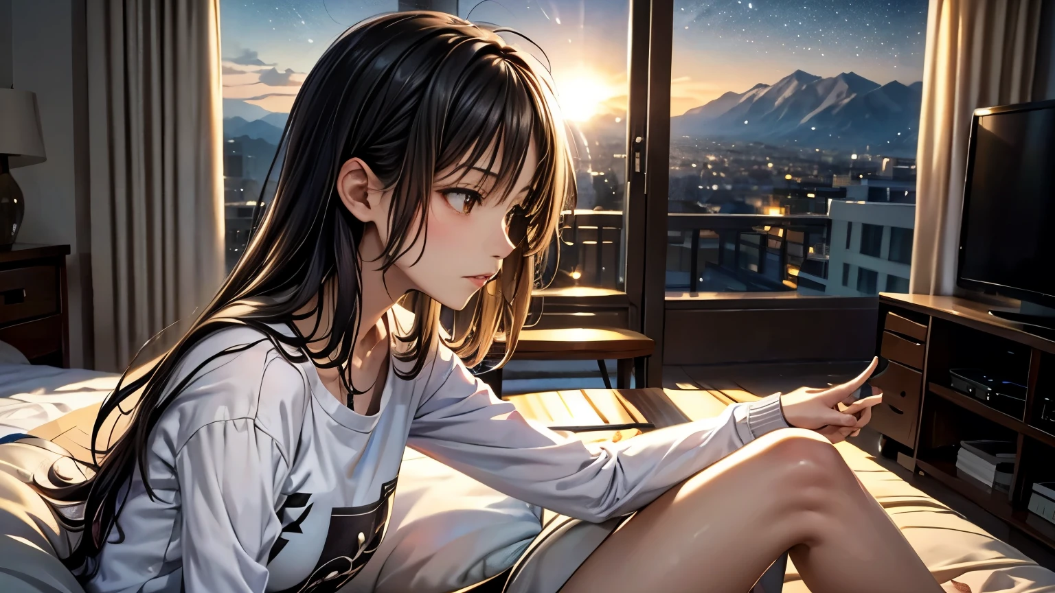 of Misaki,Alone, Peculiar Light, woman, Midnight, profile, Landscape, Space, nail, Look away:1.4, adult, Small breasts, Ghibli-inspired design, living room, Sitting, Black Hair, Study, completely, Landscape, Side view,