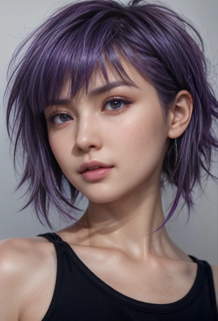 Ayane, purple hair, (best quality, ultra-detailed), (realistic:1.37), beautiful and detailed face, ultra-realistic texture, delicate face, delicate body, red lipstick, bright colors. high definition, 8K, well defined legs