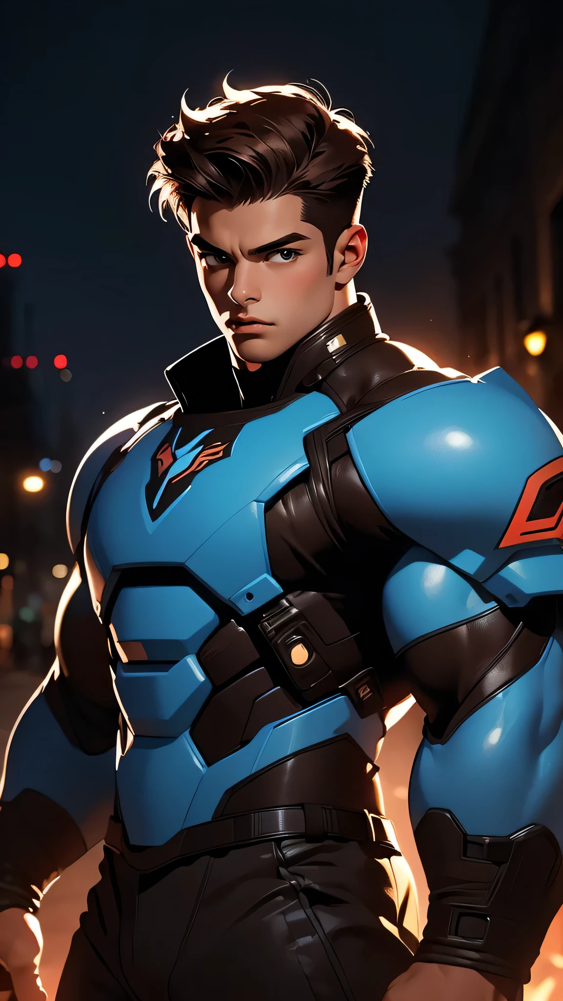 ((masterpiece)), envision a 8k, highres, cinematic, semi realistic, detailed, full body pinup of a strong young man, strong face, mature face, muscular body, short brown hair, blue eyes, dark skin, combat suit, (((1boy))), in dark lighting, against a dark background