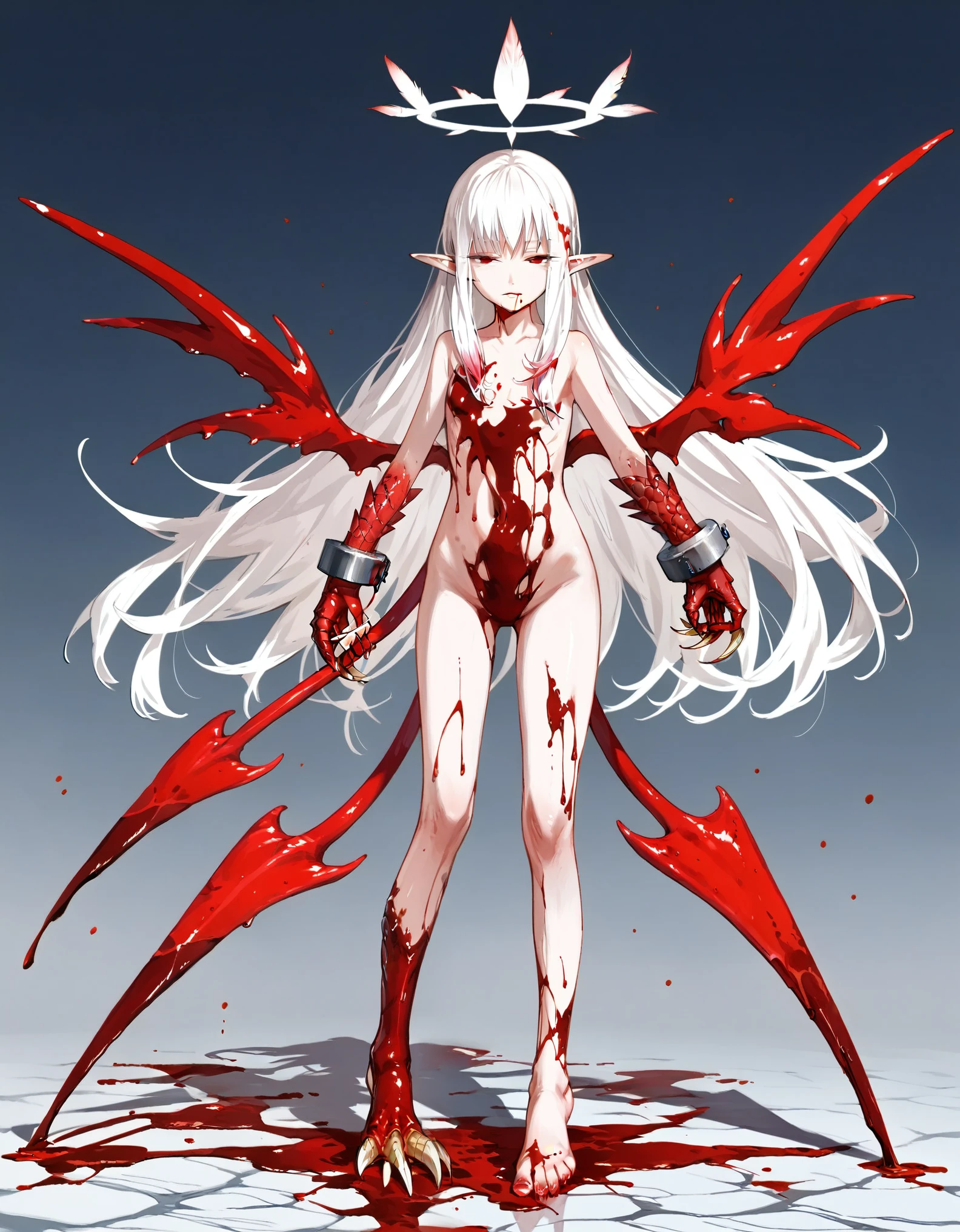 1girl, solo, (abyss, magma, blood, full body), close to viewer, Gloomy painting style, grotesque blood pool background, blood angel's feather,
Anime Girls, (naked, hair to cover one's skin), pale skin, albino, white long hair, (red body crest, devil arm, sharp talons for hands), blood bone halo, half closed eyes, elf ear, red eye, Barefoot, shackles,
Score_9,Score_8,score_7_up,source_anime, rating_questionable,